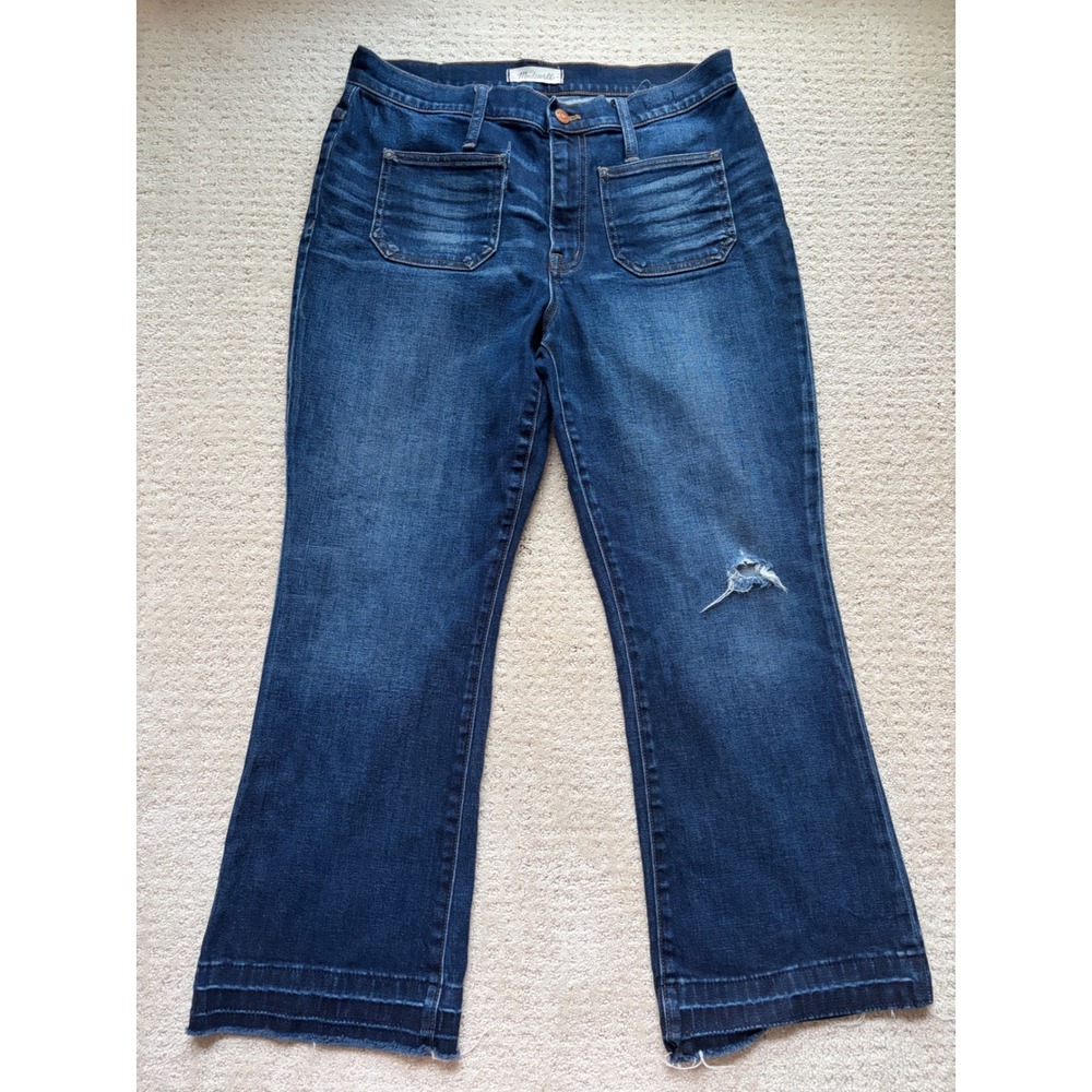 Madewell Cali Demi-Boot Jeans 30 Blue Patch Pocket Raw Hem Boho Casual Luxury